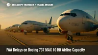 Row of grounded Boeing 737 MAX jets parked on the airport apron at sunset, illustrating certification delays.