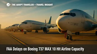 Row of grounded Boeing 737 MAX jets parked on the airport apron at sunset, illustrating certification delays.