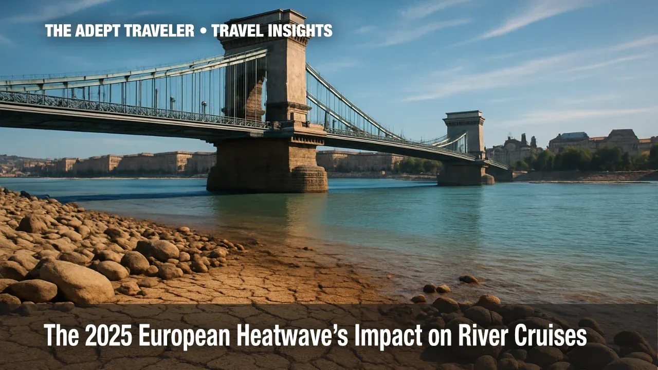 Chain Bridge over shallow Danube, sparkling cerulean water and exposed riverbed during 2025 European river cruise heatwave.
