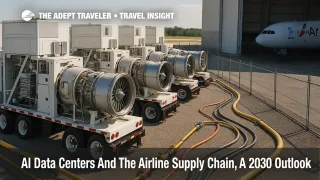 Aeroderivative turbine row beside an airport engine hangar, illustrating AI data centers and the airline supply chain under shared turbine demand.
