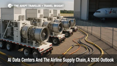 Aeroderivative turbine row beside an airport engine hangar, illustrating AI data centers and the airline supply chain under shared turbine demand.