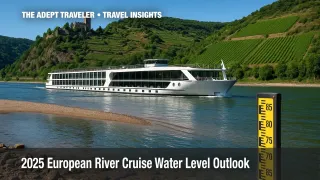 A modern white European river cruise ship glides along a shallow section of the Rhine River during midday. In the foreground, a water-level gauge stands near the rocky shore beside exposed sandbars. In the background, a historic hilltop castle overlooks terraced green vineyards under a clear blue sky.