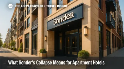Modern apartment hotel exterior showing Sonder-style branding, evoking the Sonder collapse and risks in apartment-style lodging.