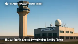 Modern FAA air traffic control tower and radar room in bright daylight, illustrating system modernization and air traffic control privatization context.
