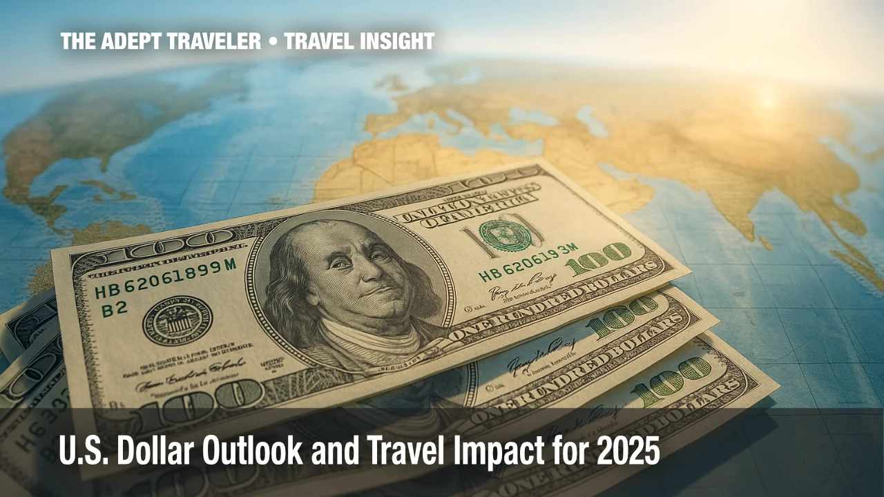 US dollar bills on a sunlit world map symbolizing global travel spending power