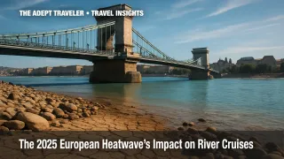 Chain Bridge over shallow Danube, sparkling cerulean water and exposed riverbed during 2025 European river cruise heatwave.