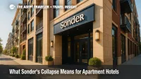 Modern apartment hotel exterior showing Sonder-style branding, evoking the Sonder collapse and risks in apartment-style lodging.