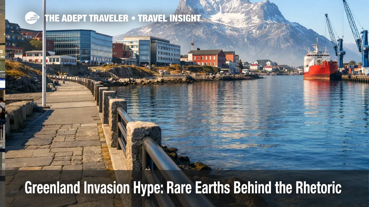 Nuuk waterfront and government district under clear light, framing the Greenland invasion hype as policy, not crisis. 