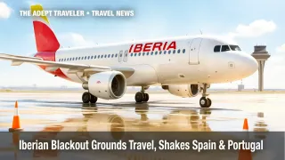 Grounded Iberia A320 on wet Madrid-Barajas tarmac under blue sky, cones and control tower visible, illustrating Spain-Portugal blackout flight delays.