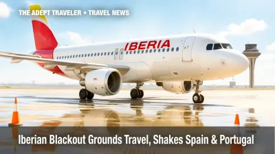 Grounded Iberia A320 on wet Madrid-Barajas tarmac under blue sky, cones and control tower visible, illustrating Spain-Portugal blackout flight delays.