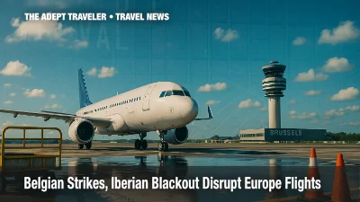 Grounded jet on wet Brussels Airport tarmac under blue sky, control tower behind, symbolizing April 2025 flight chaos from Belgian strikes and Iberian blackout.