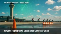 Newark Liberty control tower, grounded jets, reflective tarmac puddles, and radar overlay convey May 2025 flight delays caused by an air traffic controller shortage.