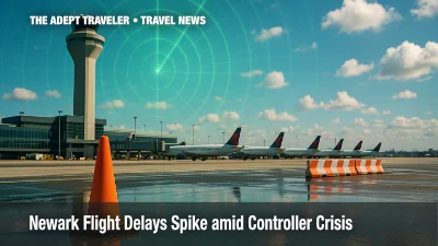 Newark Liberty control tower, grounded jets, reflective tarmac puddles, and radar overlay convey May 2025 flight delays caused by an air traffic controller shortage.