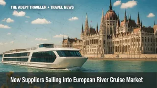 European river cruise ship passes Budapest’s Hungarian Parliament on the Danube, clear blue sky overhead, wildflowers in the foreground, illustrating new suppliers entering the market.
