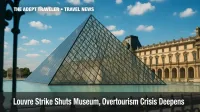 Louvre Museum closure, glass pyramid at sunset under strike conditions.