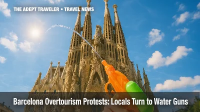 Foreground water pistol framing La Sagrada Familia, symbolizing Barcelona overtourism protests.