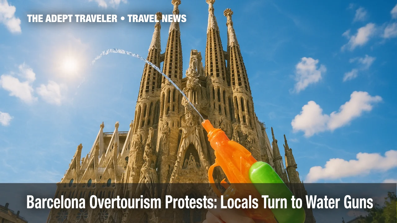 Foreground water pistol framing La Sagrada Familia, symbolizing Barcelona overtourism protests.