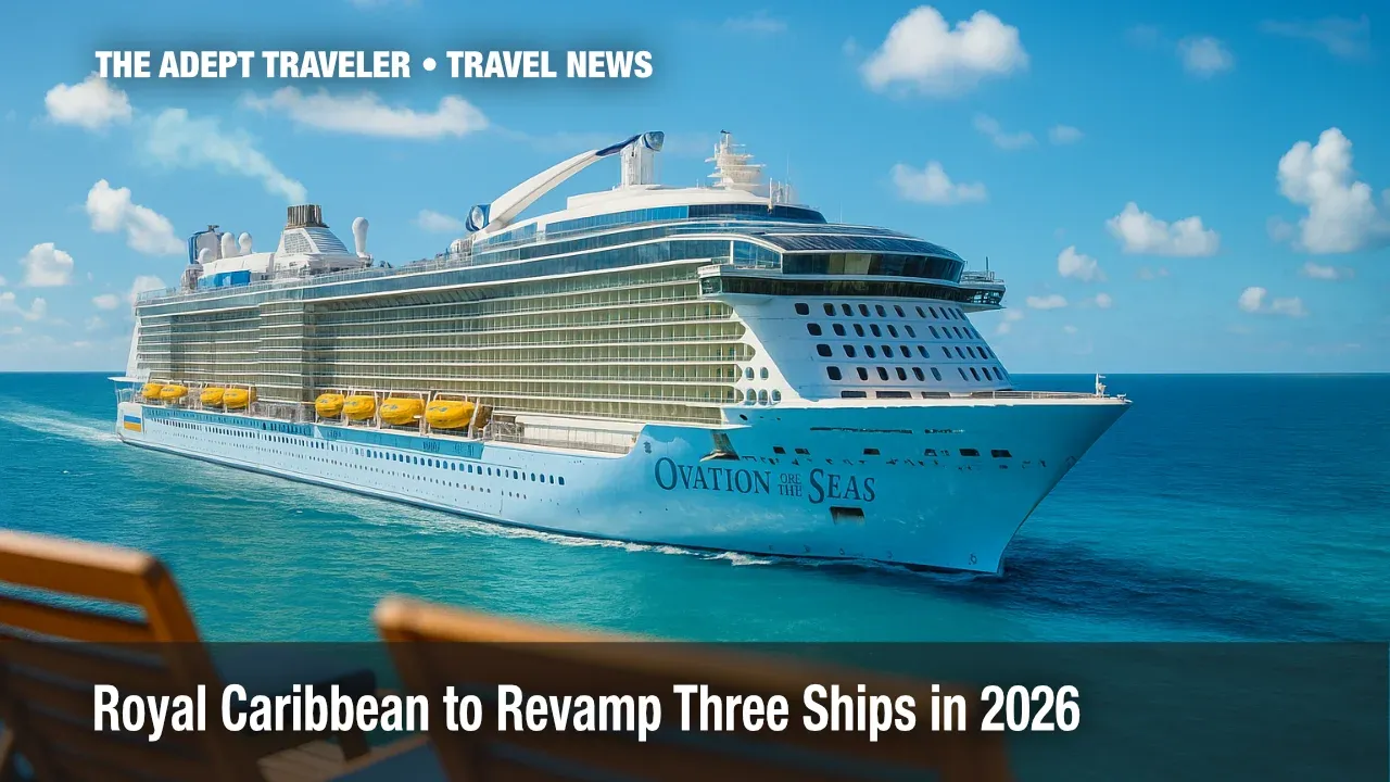 Ovation of the Seas sailing under sunny skies after Royal Caribbean refurbishment.