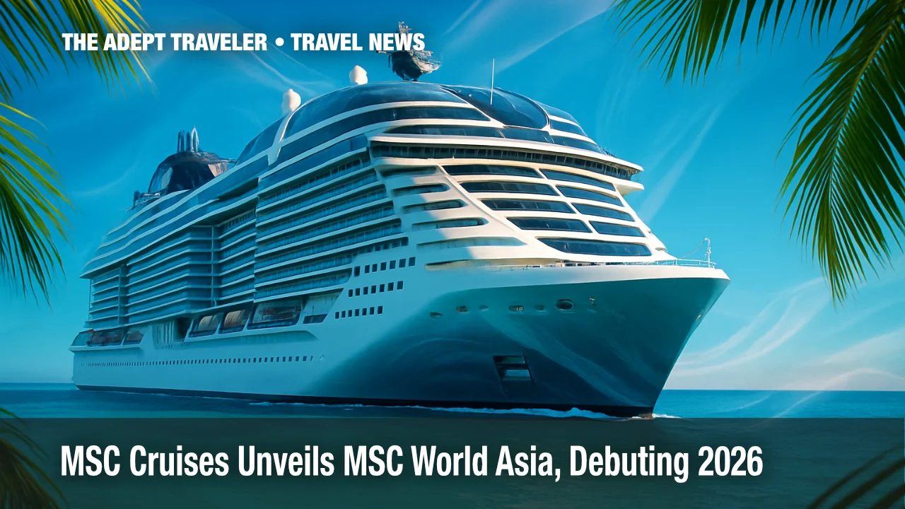 Futuristic MSC World Asia cruise ship gliding through turquoise Mediterranean waters.