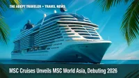Futuristic MSC World Asia cruise ship gliding through turquoise Mediterranean waters.