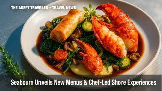 Seabourn gourmet seafood dish plated elegantly on white china.