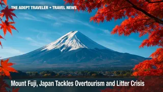 Sunrise over Mount Fuji, Japan framed by autumn maple leaves