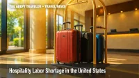 Luggage cart in hotel lobby illustrating U.S. hotel staff shortage.
