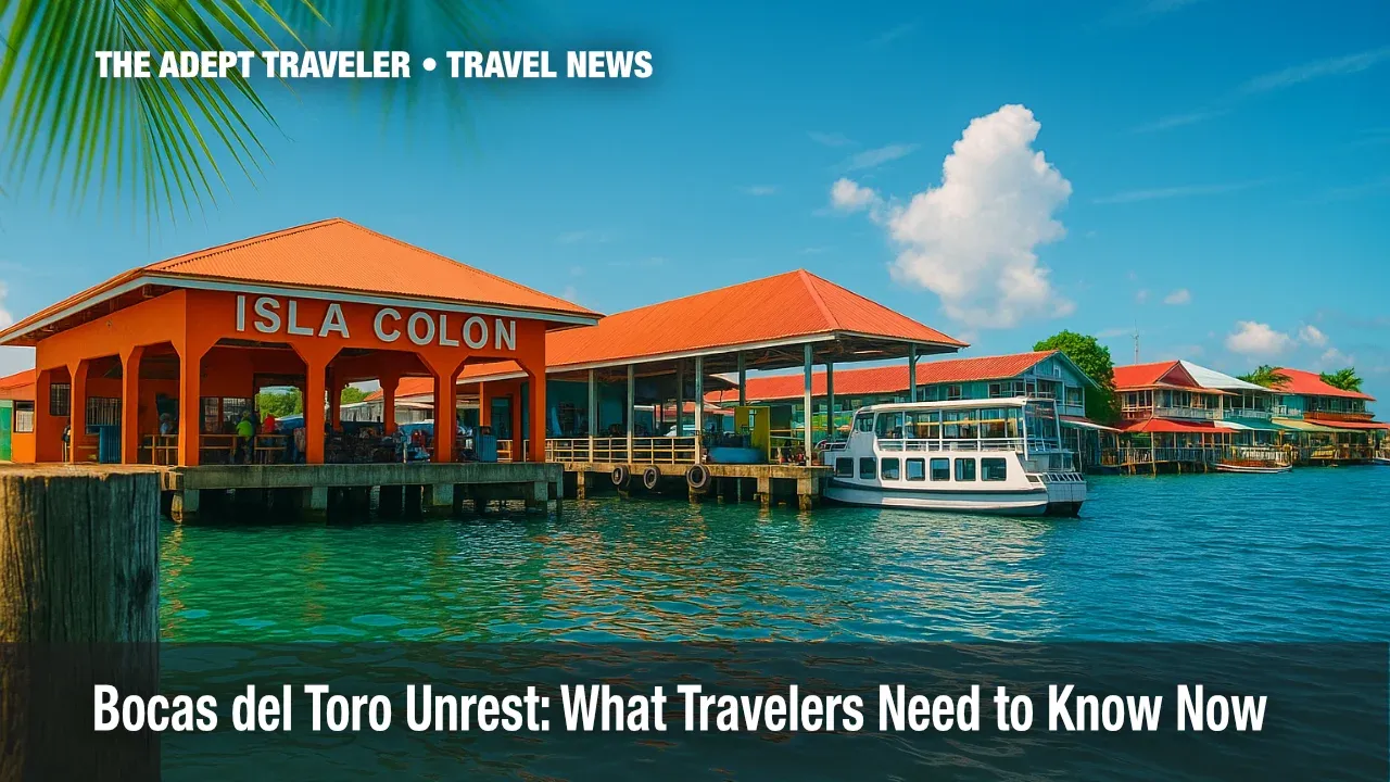 Busy Isla Colón ferry dock in Bocas del Toro during travel advisory.