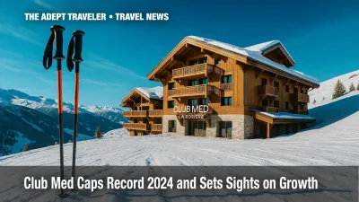 Club Med alpine resort lodge framed by ski poles under bright blue sky