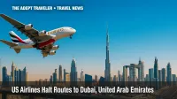 Emirates aircraft over Dubai skyline amid flight suspensions.