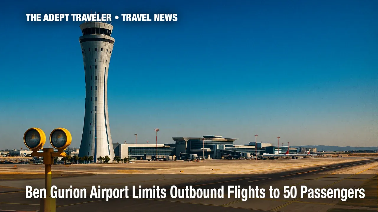 Control tower and runway at Ben Gurion Airport under bright midday sky, illustrating Israel passenger cap news.