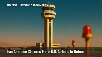 Control tower dominating Tehran runway under clear sky, illustrating Iran airspace alert.