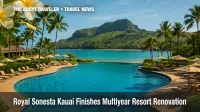 Royal Sonesta Kauai’s renovated lagoon‑style pool and Kalapaki Bay, viewed from above.