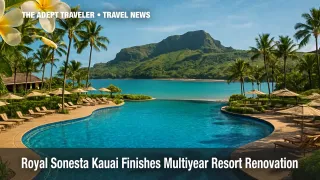 Royal Sonesta Kauai’s renovated lagoon‑style pool and Kalapaki Bay, viewed from above.