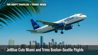 etBlue A320 ascends over Miami skyline and Biscayne Bay after takeoff from South Florida airport.