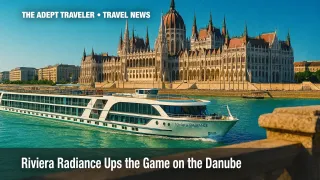 Riviera Radiance cruising the Danube past Budapest landmarks.