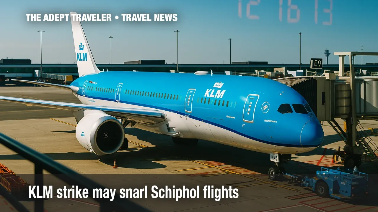 KLM jet idle at Schiphol during strike, ramp equipment unattended.