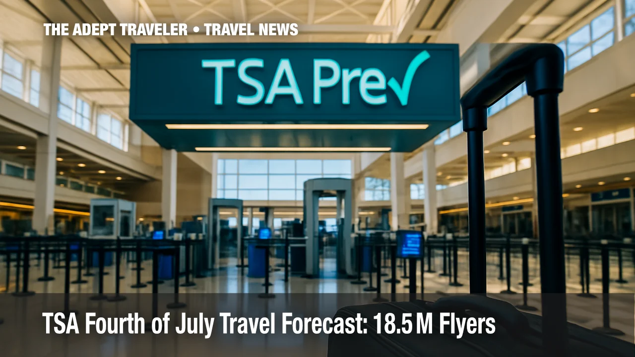TSA checkpoint entrance ready for July Fourth crowds, showing scanners and luggage bins.