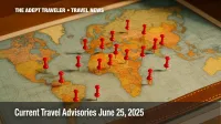 World map with red caution pins highlighting current travel advisories.