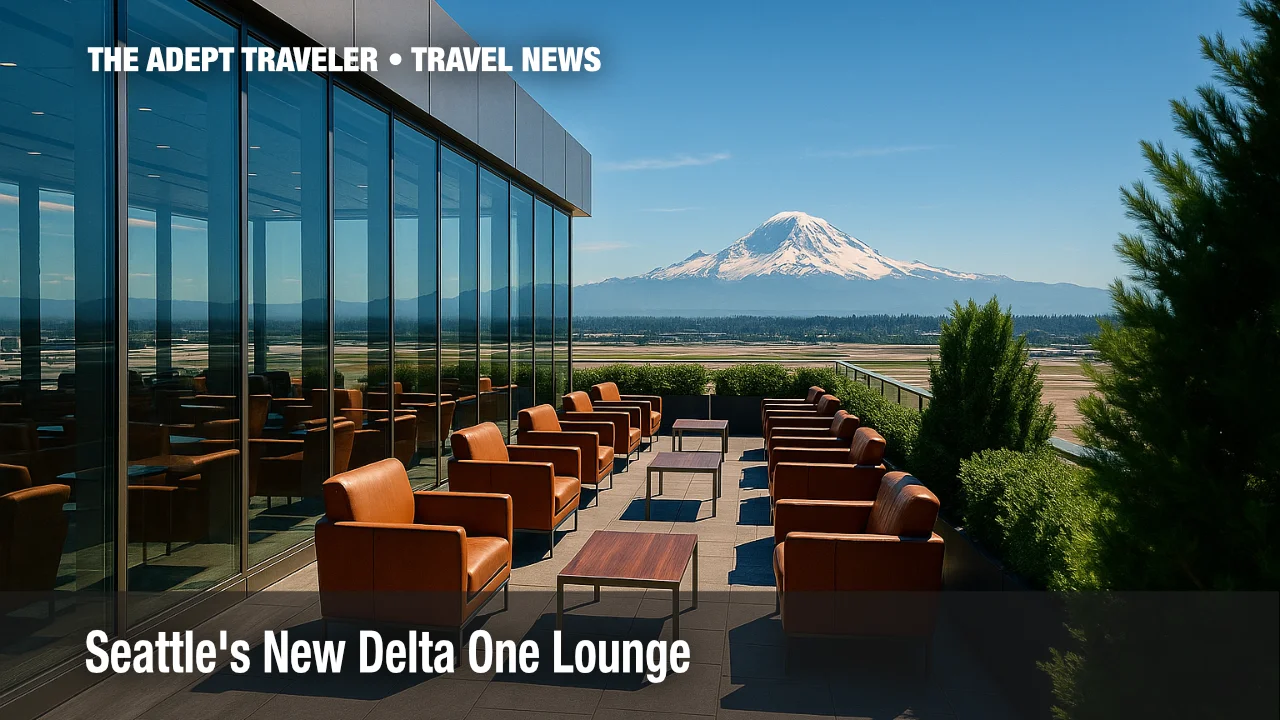 Delta One Lounge Seattle terrace overlooking Mt. Rainier, premium travel setting.