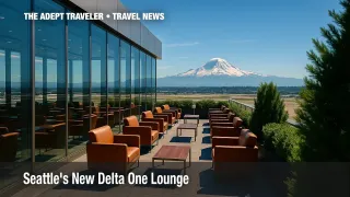 Delta One Lounge Seattle terrace overlooking Mt.&nbsp;Rainier, premium travel setting.