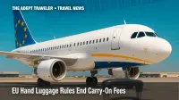 Airbus A320 at Paris airport with suitcase handle in foreground highlighting new EU carry‑on rules.