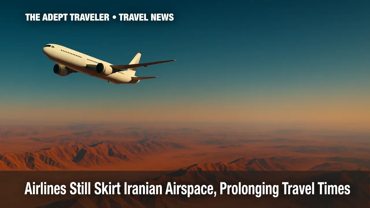 Wide‑body jet arcs south of Iran, illustrating Iranian airspace detours.