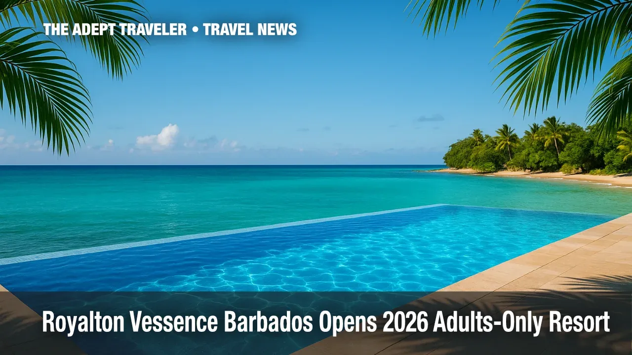 Glow‑lit infinity pool at Royalton Vessence Barbados adults‑only resort, overlooking turquoise Caribbean Sea.