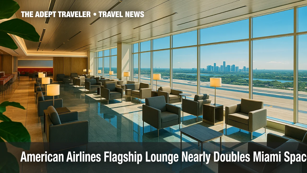 Quiet American Airlines Flagship lounge interior at Miami International Airport with sunlit seating and city skyline view.