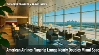 Quiet American Airlines Flagship lounge interior at Miami International Airport with sunlit seating and city skyline view.