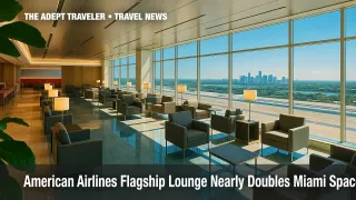 Quiet American Airlines Flagship lounge interior at Miami International Airport with sunlit seating and city skyline view.