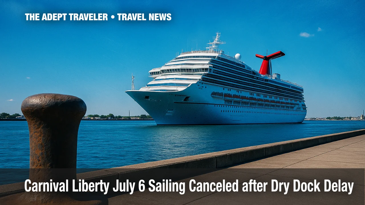 Carnival Liberty docked at New Orleans port under clear summer sky after dry dock delay.