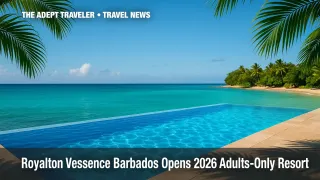 Glow‑lit infinity pool at Royalton Vessence Barbados adults‑only resort, overlooking turquoise Caribbean Sea.
