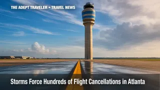 Control tower at Hartsfield-Jackson Atlanta International Airport under clear sky after flight cancellations